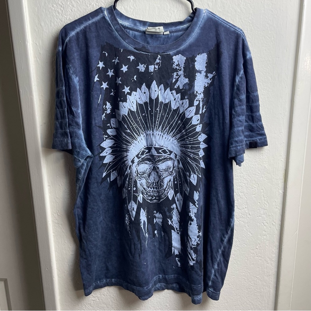 Akademiks Jeanius Tie Dye Shirt Men’s L Blue American Indian Skull Graphic Y2K